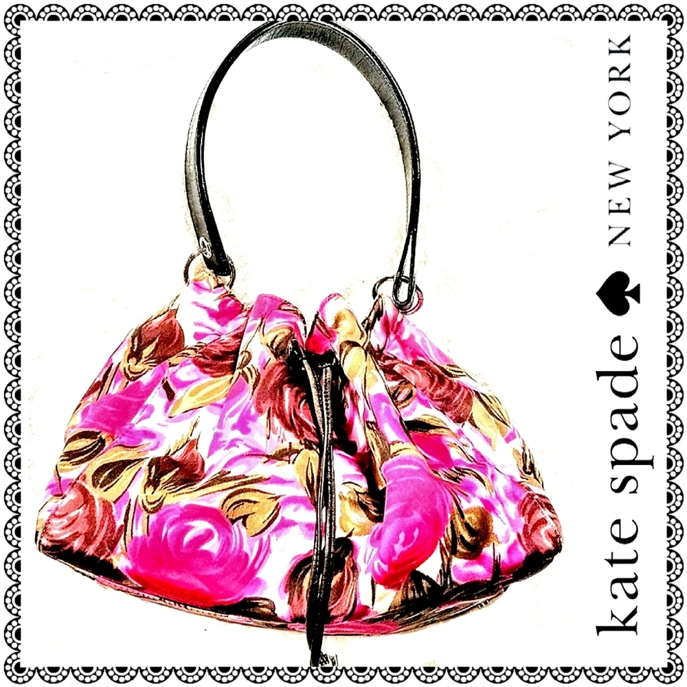 {Kate Spade} Rose print drawstring med. bucket bag